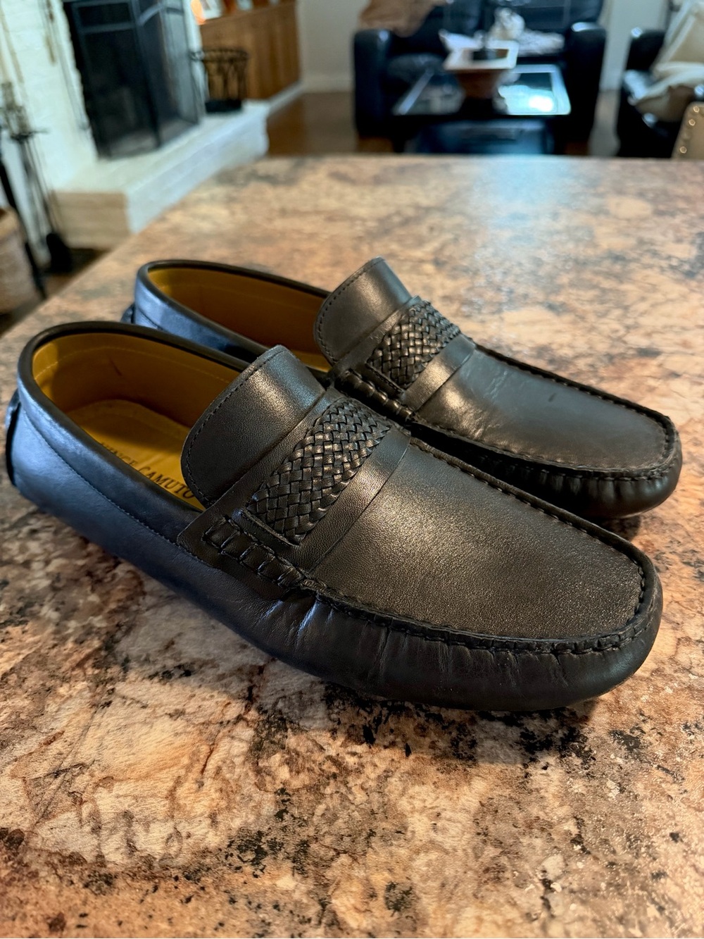 Vince Camuto Black Leather Woven Strap Men's Loafers